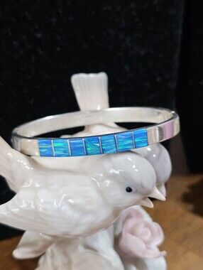 Sterling Silver Inlay Fire Opal Clamper Cuff Bracelet Mexico 925